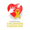 The concept of the International Day against Childhood Cancer with a heart, yellow ribbon and palms. Royalty Free Stock Photo